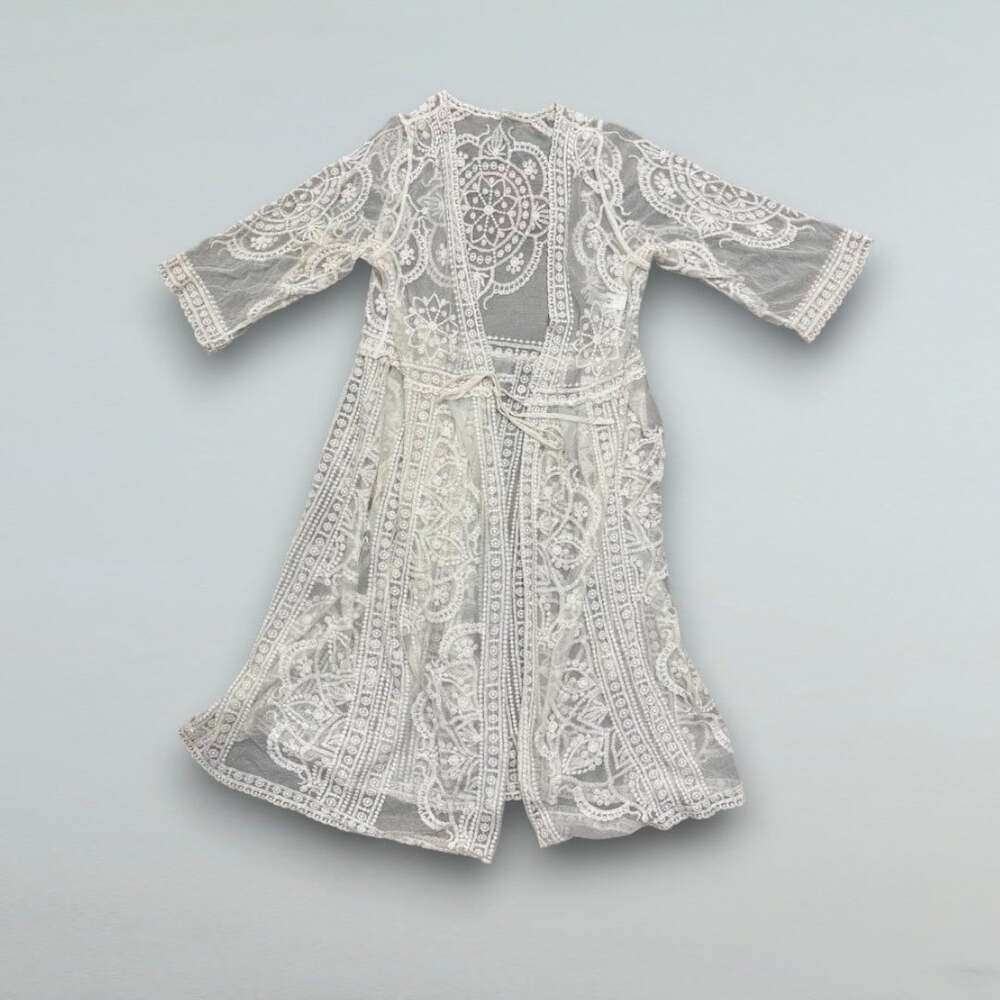 White Boho Embroidered Lace Kimono Duster Beach Cover Up One Size